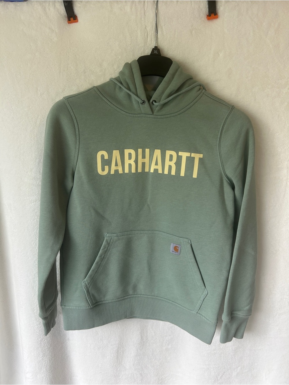 Carhartt Lady's Sage Green Crewneck Hoodie with Yellow Logo